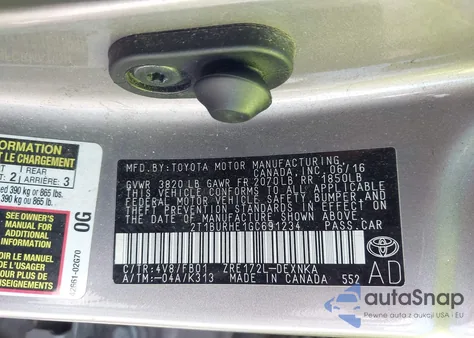 2016 Toyota Corolla Le из США, поврежденный, VIN 2T1BURHE1GC691234